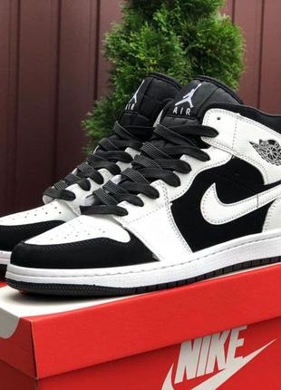 Осінні чоловічі високі шкіряні чорно-білі кросівки nike air jordan🆕найк аїр джордан 1
