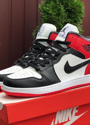 Осінні чоловічі високі шкіряні чорно-білі з червоним кросівки nike air jordan🆕найк аїр джордан 1