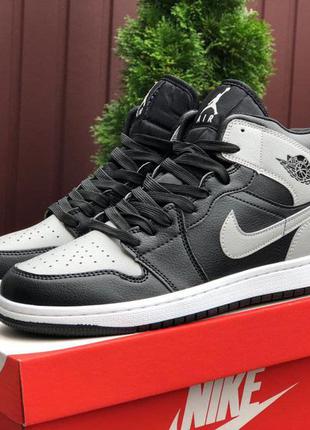 Осінні чоловічі високі шкіряні чорно-сірі кросівки nike air jordan🆕найк аїр джордан 1