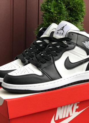 Осінні чоловічі високі шкіряні чорно-білі кросівки nike air jordan🆕найк аїр джордан 1
