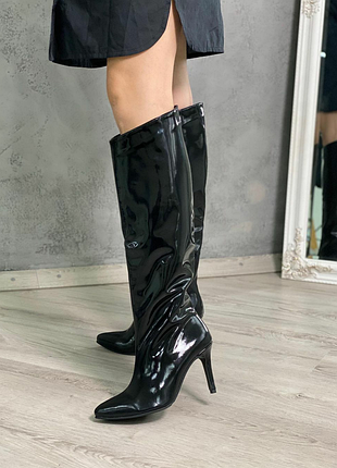 Шикарные сапоги из натуральной кожи матовый лак на высоком каблуке шпилька 10см