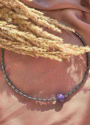 Кольє,чокер гематит та чароїт