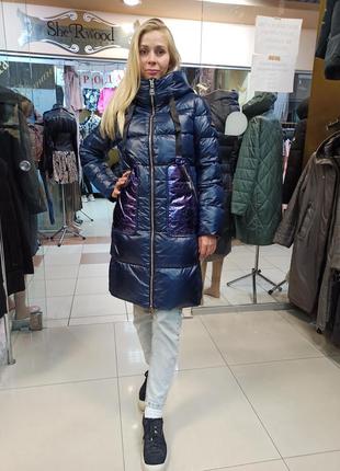 Зима 2022, женское зимнее пальто clasna с эко кожей на карманах2 фото