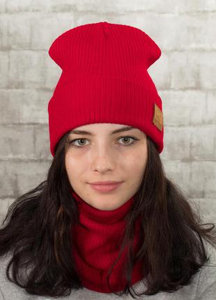 Комплект в'язана шапка з снудом унісекс червоний (26 кольорів)