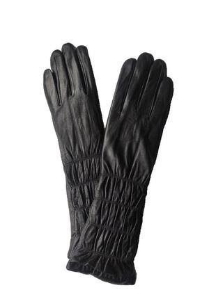 Женские удлинённые кожаные перчатки черные3 фото