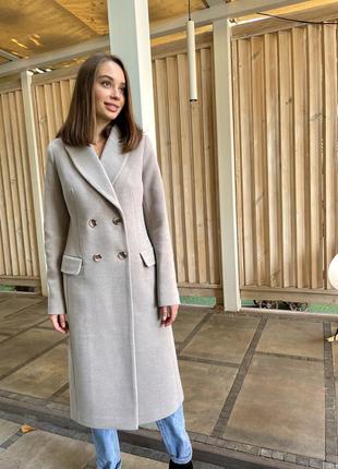 Брендовое демисезонное женское двубортное пальто, д 602 кашемир италия песок6 фото