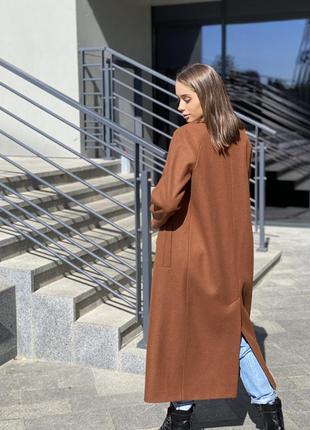 Премиальное женское шерстяное длинное пальто с поясом,  д 365 сукно терракот3 фото