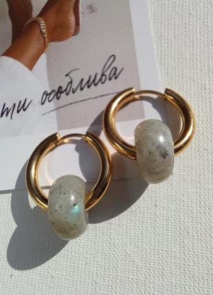 ♥️ золоті сережкі з камнем лабрадором золотые серьги-кольца с бубликами лабрадорит