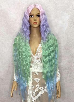 Перука на сітці lace front wig різнобарвний довгий кучерявий термо