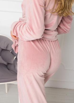 Теплая зимняя пудровая бархатная пижама на пуговицах штаны+жакет/тепла плюшева піжама ґудзик4 фото