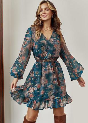 Короткий шифонова сукня до колін міні міді з довгими широкими рукавами з трикутним вирізом пляшка з талією на гумці