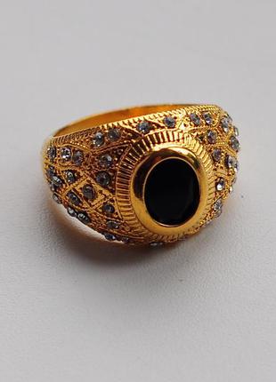 Большой мужской женский унисекс арабский перстень кольцо шейха с стразами и черным камнем под золото