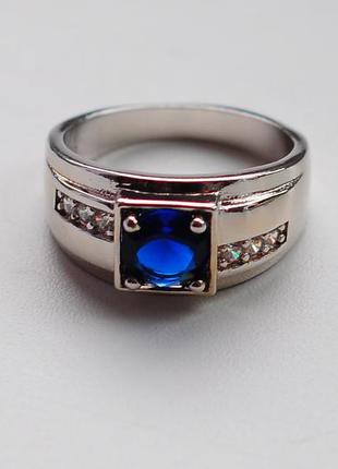 Стильный сдержанный мужской женский унисекс перстень под серебро белое золото с синим камнем1 фото