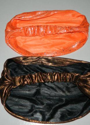 Пов'язка-бандана-косинка на голову чорна з коричневим помаранчева блискуча на ог 56-588 фото