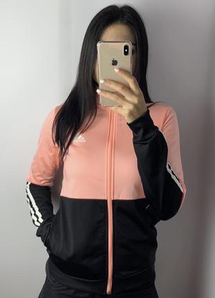 Женская спортивная кофта adidas розовая чёрная с лампасами адидас зип худи свитшот толстовка3 фото