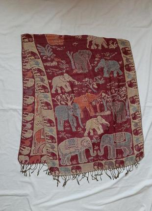 Палантин, шарф, шаль, кашемір, пашміна, натуральний, великий, двосторонній, зі слониками1 фото
