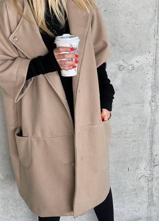Кашемировое пальто женское деми кардиган длинный с вязаными рукавами свободного кроя3 фото