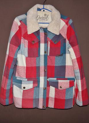 Джинсова куртка-сорочка в клітку на хутрі вінтаж
