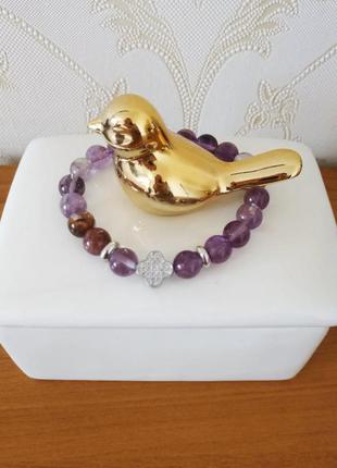 Браслет из натурального камня лавандовый аметист с клевером, 16 см