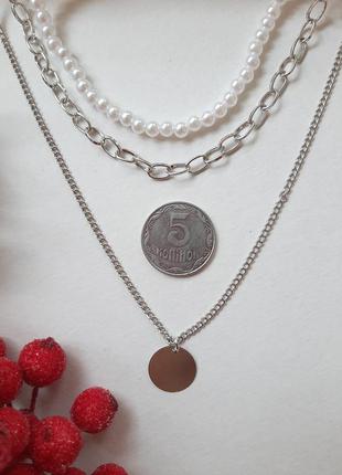 Многослойное ожерелье цепи цепочки в цвете серебро+ жемчуг3 фото