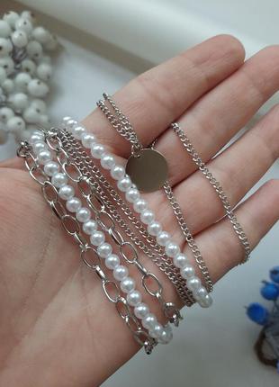 Многослойное ожерелье цепи цепочки в цвете серебро+ жемчуг4 фото