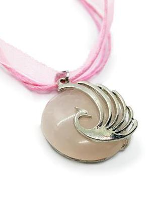 🐦🌷 красивый нежный кулон "птица" на шифоновом шнурке натуральный камень розовый кварц