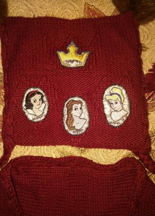 Классный тёплый эксклюзивный вязаный комплект с вышивкой disney princess, шапка и шарф2 фото
