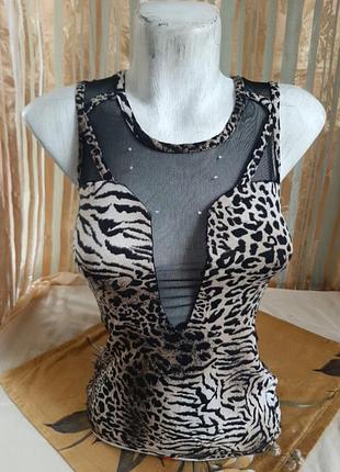 Эксклюзивная майка маечка тигровая с прозрачными вставками вырезом
