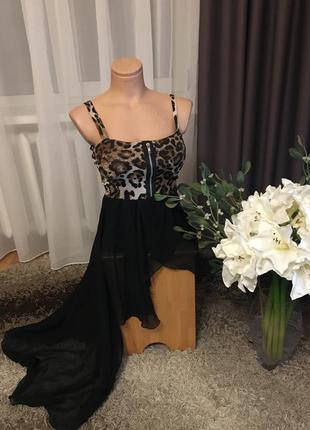 Тигрово-черное платье со шлейфом сеткой, платье с длинным хвостом1 фото