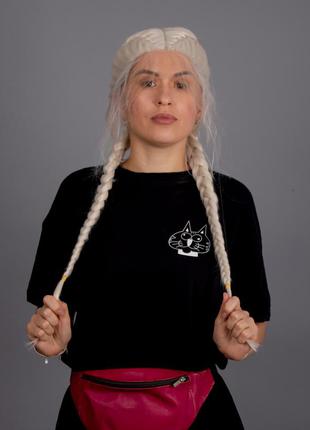 Перука білий жіночий довгий з кісками на сітці з термоволос2 фото