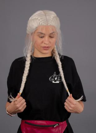 Парик белый женский длинный с косичками на сетке из термоволос6 фото
