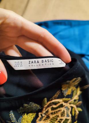 Zara зара платье чёрное с длинным рукавом с вышивкой на груди бежевой миди базовое классическое6 фото