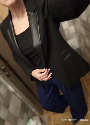 Классический черный блейзер пиджак с кожаными лацканами  zara1 фото