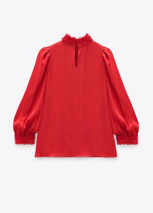 Блуза красная сатиновая атласная с воротником стойкой объемными рукавами zara2 фото