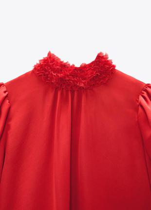 Блуза красная сатиновая атласная с воротником стойкой объемными рукавами zara6 фото