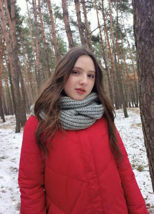 Серый шарф хамут крупной вязки теплый зимний осенний2 фото