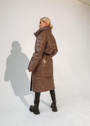 Кожаное дутое пальто куртка под пояс объёмного кроя9 фото