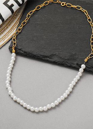 Цепь ожерелье жемчужное комбинированное украшение на шею9 фото
