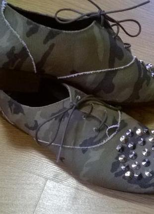 Стильные туфли кожа + текстиль милитари испания