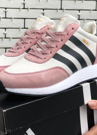 Зимові жіночі кросівки на хутрі рожеві з білим adidas iniki🆕адідас иники