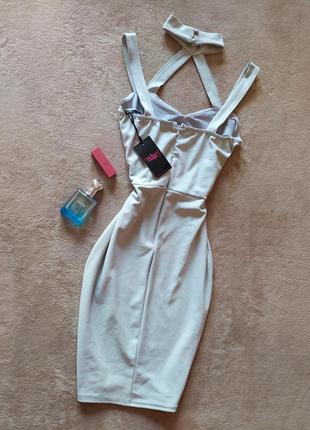 Шикарне сіре плаття футляр міді з чокером ззаду на блискавці2 фото