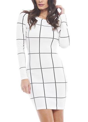 Платье белое чёрное клетчатое с длинным рукавом по фигуре новое6 фото