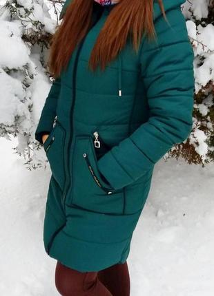 Женский тёплый зимний пуховик пальто зелёный с капюшоном