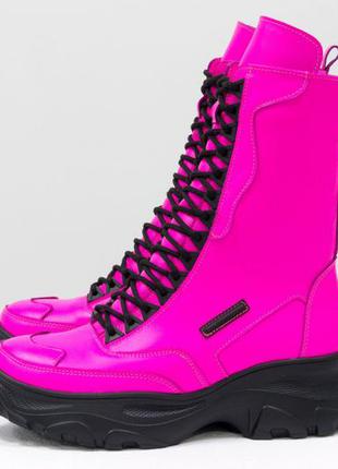 Кожаные ботинки -берцы неонового розового  цвета на мощной подошве,осень-зима4 фото