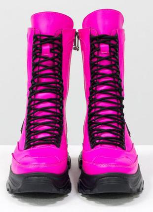 Кожаные ботинки -берцы неонового розового  цвета на мощной подошве,осень-зима5 фото