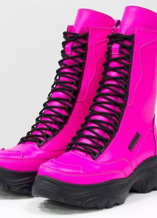 Кожаные ботинки -берцы неонового розового  цвета на мощной подошве,осень-зима3 фото