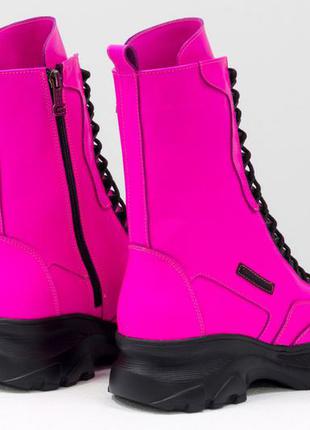 Кожаные ботинки -берцы неонового розового  цвета на мощной подошве,осень-зима6 фото
