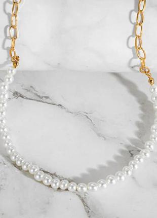 Ожерелье -цепь комбинированное украшение на шею жемчуг7 фото
