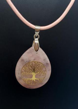 🌸🌳 кулон амулет "дерево життя" на шкіряному шнурку натуральний камінь рожевий кварц8 фото