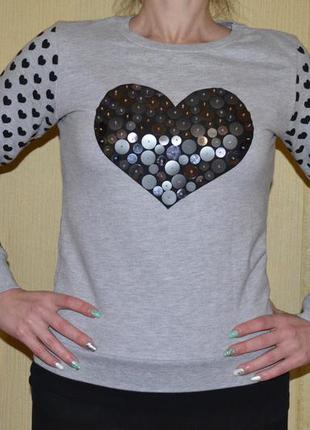 Серый свитер толстовка свитшот худи bershka с сердцем сердечком паетками2 фото